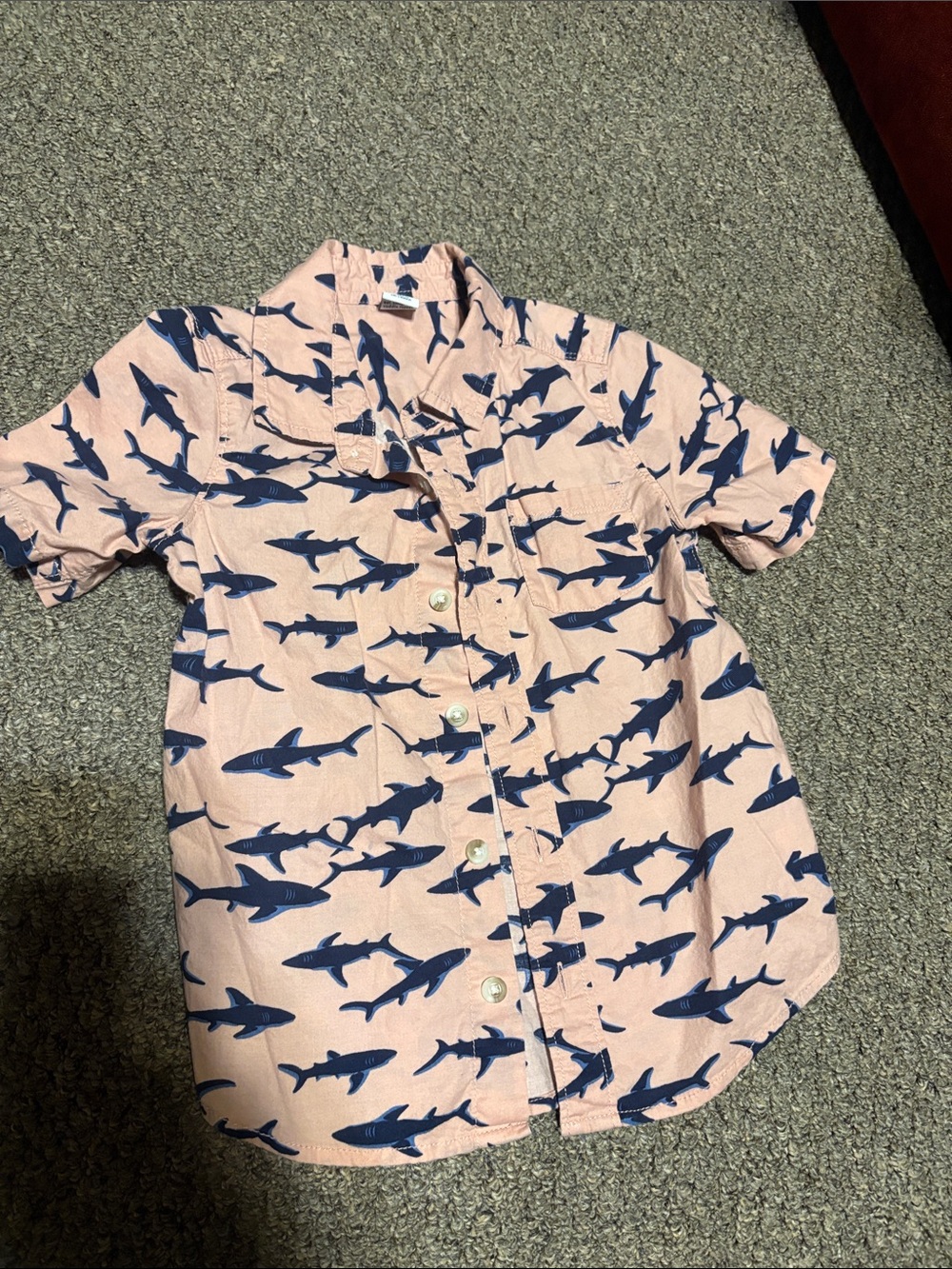 Old Navy Pink Short-Sleeve Button-Down Shirt with Navy Shark Print